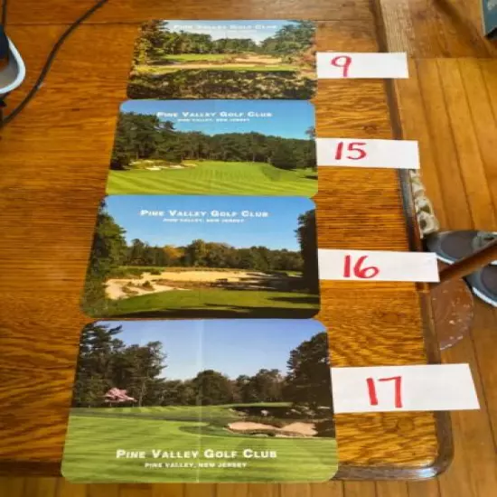 4) VINTAGE PINE VALLEY.SCORE CARDS, ALL DIFFERENT, HOLES 9, 15, 16, & 17