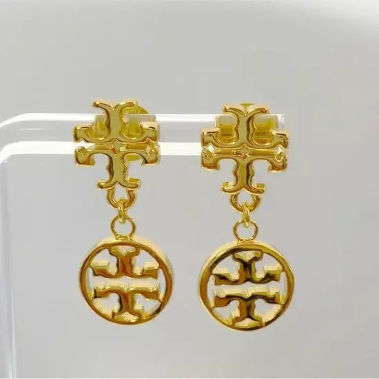 Tory Burch Gold Logo Disc small Drop Earrings