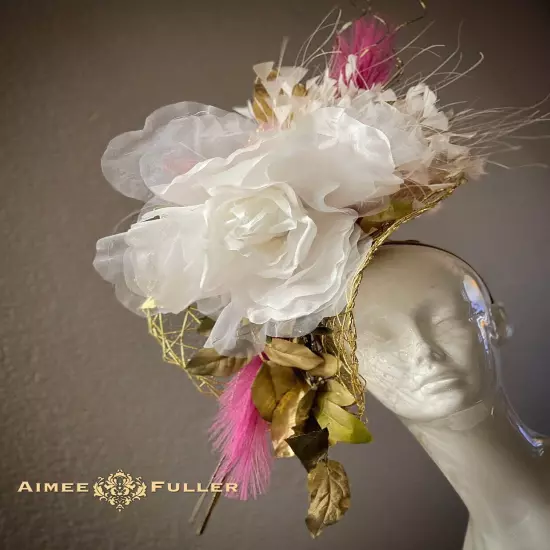 Aimee Fuller Kentucky Derby Hat Ascot Fascinator Gold Pink White Rose Del Mar