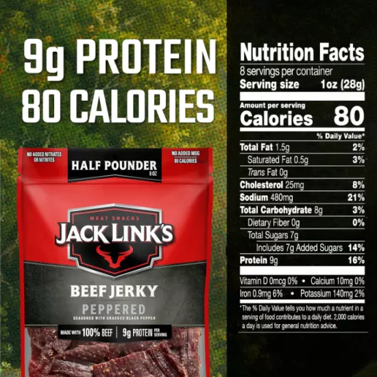 Jack Link's Beef Jerky, Peppered, ½ Pounder Bag Flavorful Meat Snack no MSG