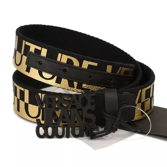 VERSACE JEAN COUTURE Black Gold LOGO Coated Cotton Ribbon Belt 80 32 Italy NWT