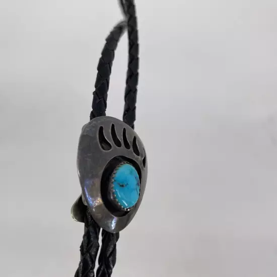 Vintage Navajo Southwest Style Sterling Silver Turquoise Bear Claw Bolo Tie 36in