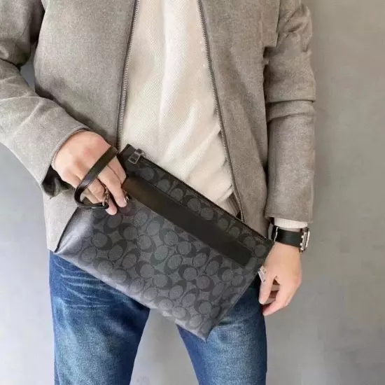 COACH Men’s Carryall Pouch Wristlet In Charcoal Black Signature Canvas NWT $310