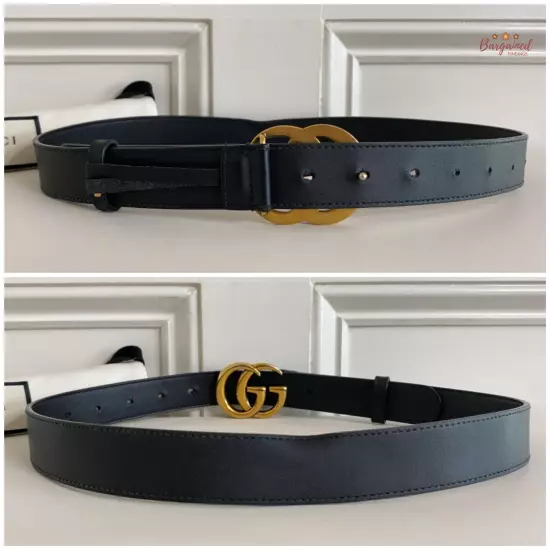 Authentic Gucci Black Calfskin Leather Gold Double G Buckle Slim Belt 80/32