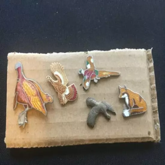 Group of 5 Pinback Pins ~ 4 Enamel, 1 Bronze ~ 4 Turkeys, 1 Fox - 1 marked MAFCO