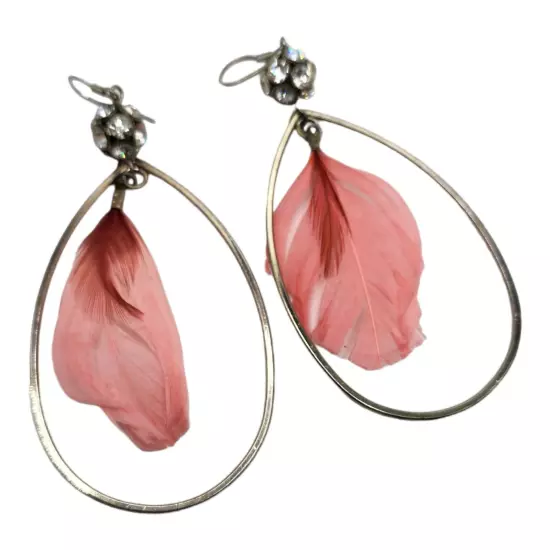 Gold Tone Teardrop Hoop Peach Feather Disco Ball Rhinestone Dangle Earrings