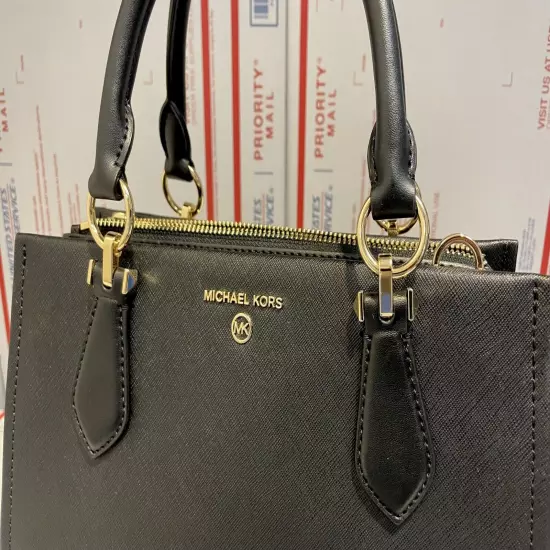 $298 Michael Kors MARILYN MD SATCHEL Handbag Black Saffiano Leather MK Purse Bag