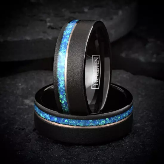 8mm Black & Rose Gold Plated Tungsten Carbide Blue/Teal Opal Wedding Band Ring