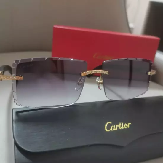 2024 Cartier rimless Wood bubinga sunglasses glasses c decor Diamond cut Flooded