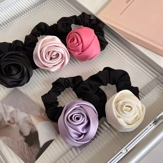 HairBand Silk Satin Rose Flower Ponytail Elastic Rope Ring Handmade Accessories