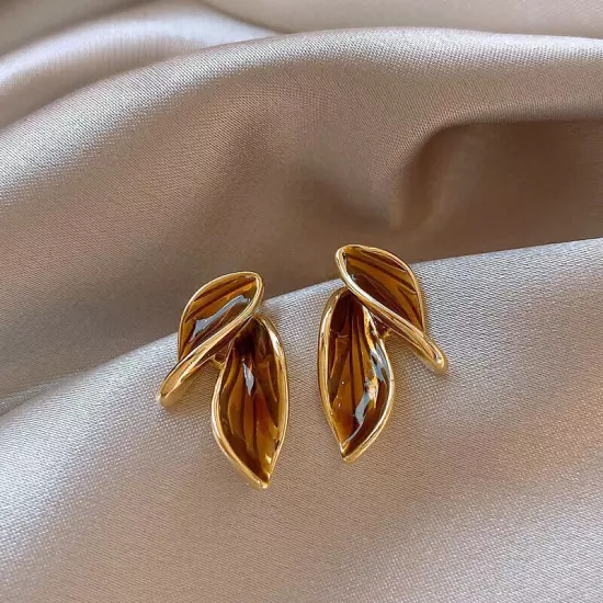 Vintage Enamel Brown Fallen Leaves Stud Earrings For Women Girls Fashion Korean