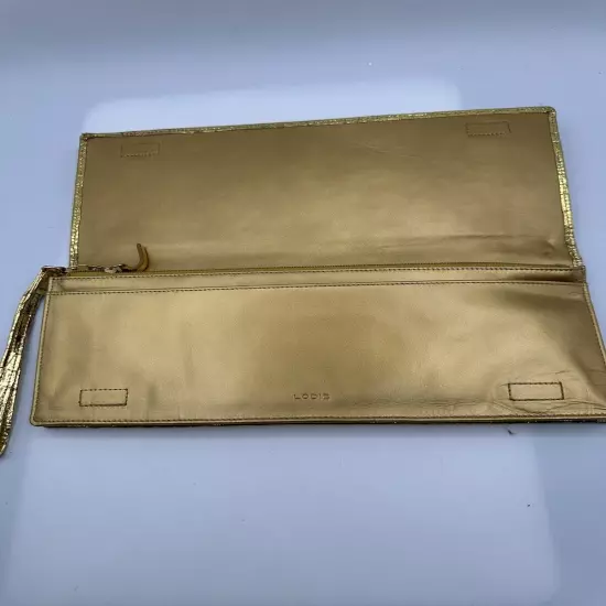 Lodis Gold Metallic Crocs Embossed Leather Long Clutch Purse