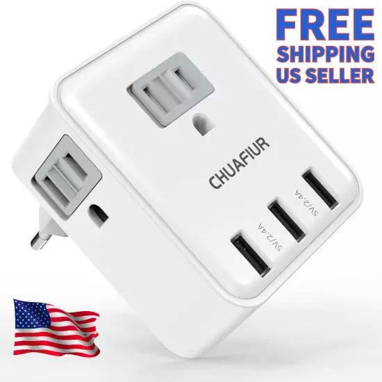 European Plug Adapter Travel Power Plug Adapter with 4 Outlets 3 USB Ports