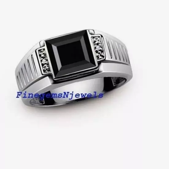 Natural Black Onyx & CZ Gemstones with 925 Sterling Silver Ring For Men #5569