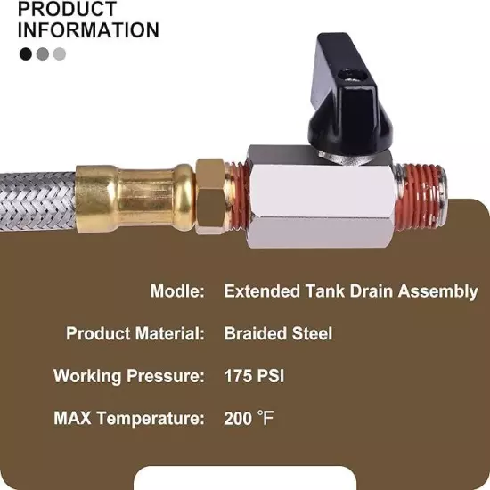 10Inch Tube Air Compressor Extended Tank Drain Hose 1/4'' NPT 90 Degree Shutoff