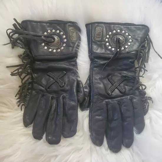 Willie G Women's Motorcycle Leather Gloves Fringed with Studs Slimfitting Sz L