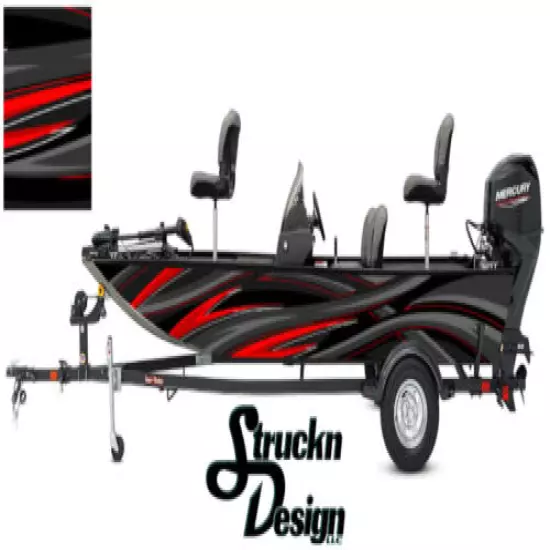 Pontoon Wrap Gray Red Fishing Abstract Graphic Curves Bass Boat Decal Vinyl Fish