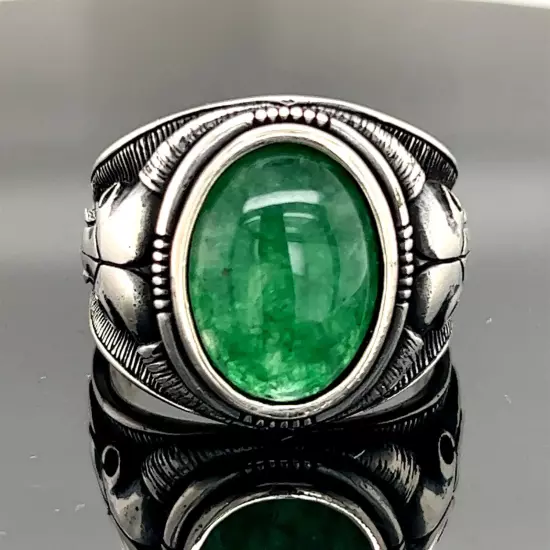 Man Green Jade Stone Ring , Silver Bull Head Ring , Handmade Silver Animal Ring