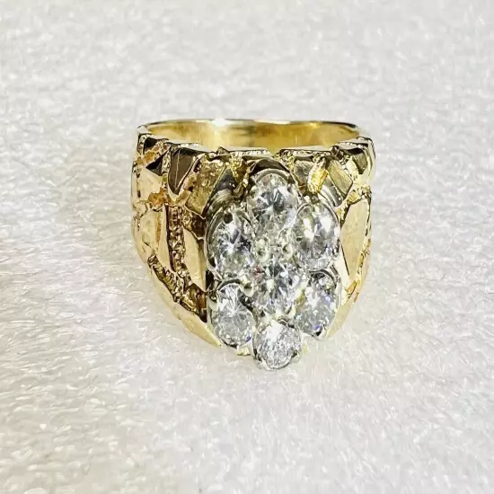 14K Solid Yellow Gold 1 TCW. Diamond Ring Nugget Mens Ring Size 10.5