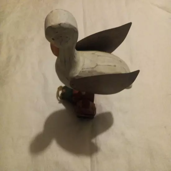 Vtg 10 3/4" Carved Wooden Shore Bird w/Base Copper Wings Rustic Primitive Decor