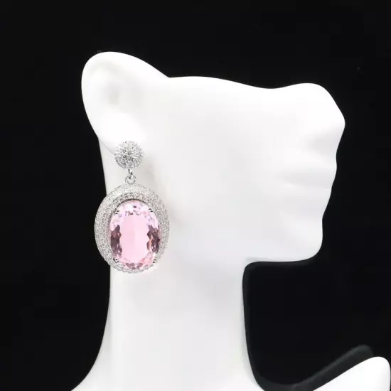 Pretty Big Oval Gemstone Pink Kunzite CZ Gift For Girls Silver Earrings 