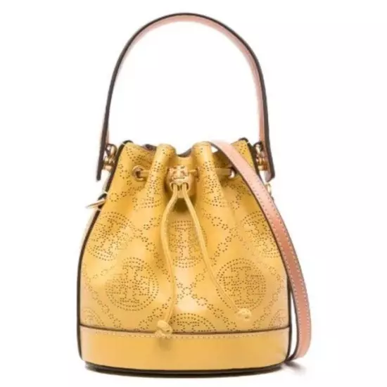 Tory Burch Mini T Monogram Bucket Bag Perforated Golden Sunset Leather Purse NWT