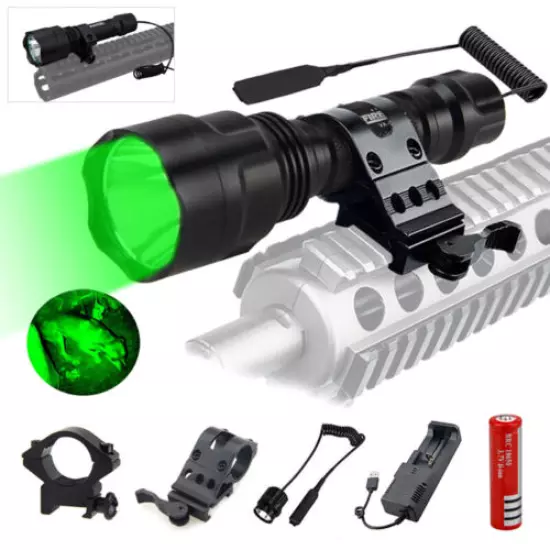 Tactical LED Flashlight Hunting Green Light Torch Rifle Airsoft Scope Mount