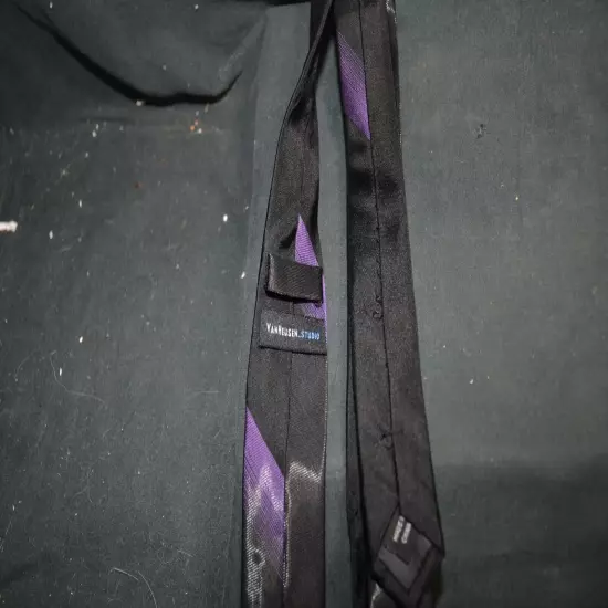 Van Heusen Skinny Black Tie with Purple Stripe