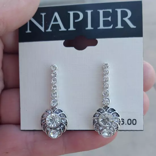 NAPIER 1" Silver Tone Clear Dangle Post Earrings 