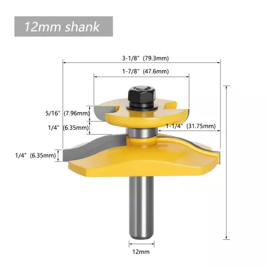 1/2" 12mm Shank Joint Rail & Stile Router Bit Tongue&Groove Cutter 3-1/8" 1-5/8"