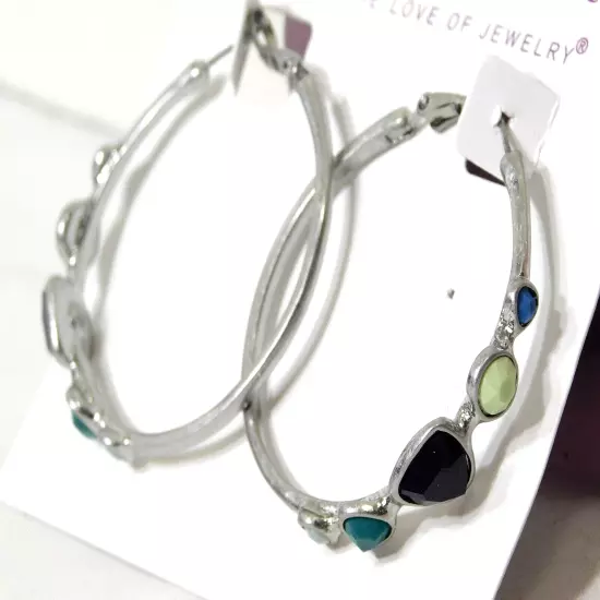 Beautiful Lia Sophia "RIVERWALK" Hoop Earrings, Silver, aqua, teal, navy , NWT