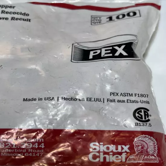 Bag of 100 Sioux Chief PEX Crimp Ring 1/2” Annealed Copper 649x2 USA SDR 9 PEX