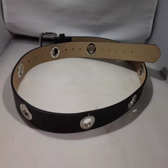 STEVE MADDEN 1.25" Black Vegan Leather Belt With Silvertone Open Round Hardware