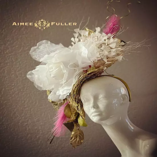 Aimee Fuller Kentucky Derby Hat Ascot Fascinator Gold Pink White Rose Del Mar