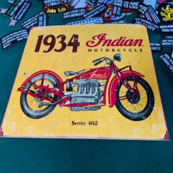 INDIAN MOTORCYCLE 1934 Tin Metal Sign Wall w/ FREE PATCH decor vintage man cave