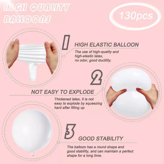 130PCS White Balloons Different Sizes 18" 12" 10" 5" Balloon Garland Arch Kit Pe