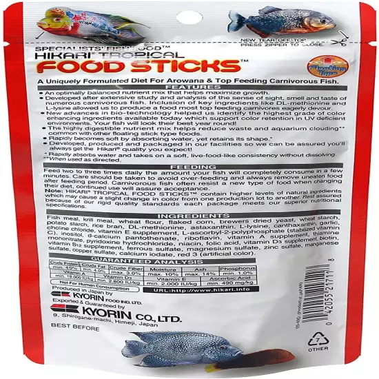 Hikari Food Sticks Floating Protein Rich Fish Food Top Feeding Carnivores 8.8-Oz