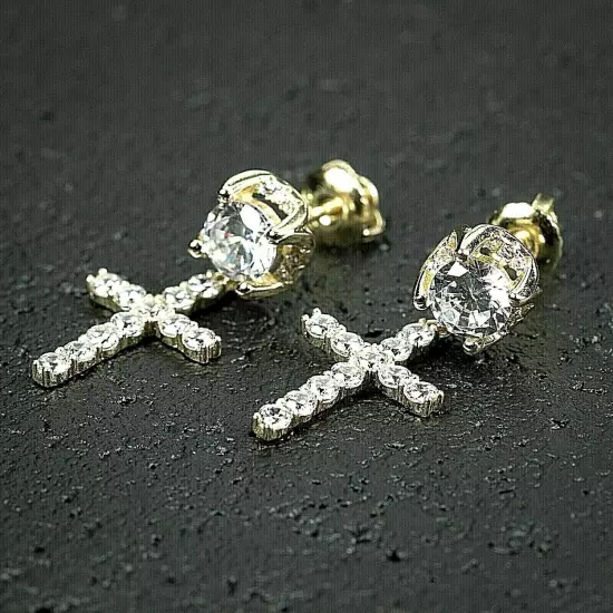 Men's 14K Gold Plated 925 Silver Simulated Diamond Cross Dangle Hoop Earrings