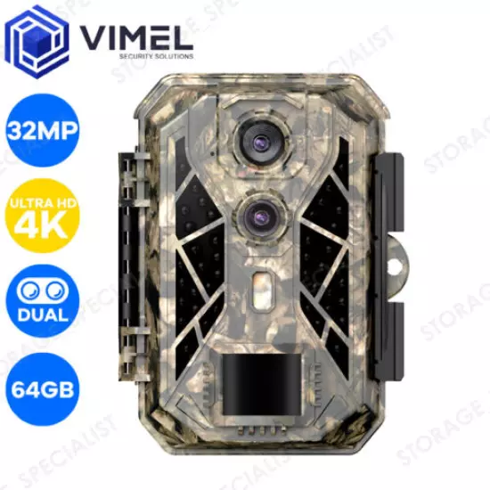 Hunting Outdoors 64GB Dual Trail Camera 32MP UHD 4K IR Night Vision PIR Sensor