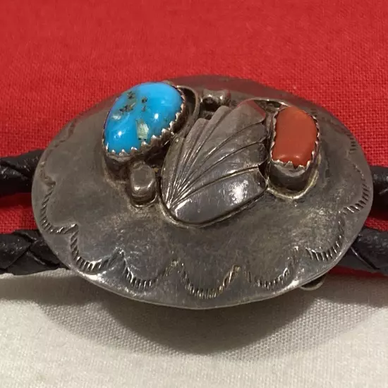 Vintage Sterling Silver 925 Bolo Tie With Turquoise & Coral Western Southwestern