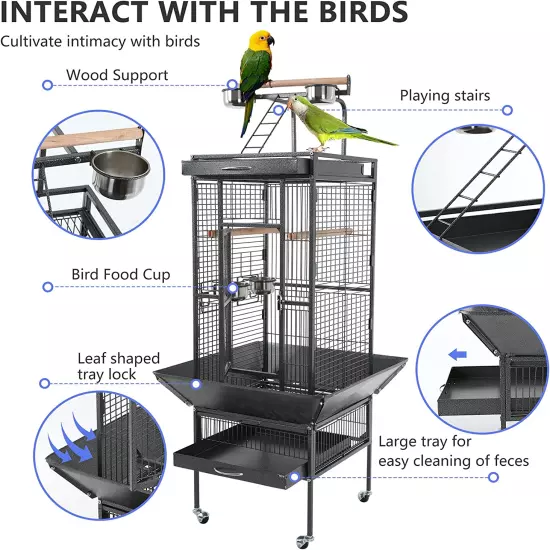 61-Inch Wrought Iron Large Bird Cage with Play Top and Rolling Stand Parrot Cage