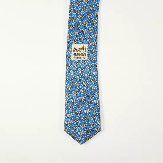 Vintage Hermes Tie with Matching Handkerchief - Blue with Geometric Print 7351