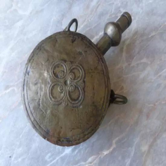 VTG OLD ANTIQUE OTTOMAN ISLAMIC ORIENTAL ORNATE BRASS GUN POWDER FLASK BOTTLE