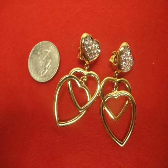 Signed Nolan Miller Gold Tone Rhinestone Triple Heart Drop Dangle Clip Earrings