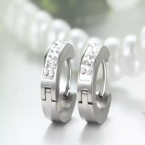 Men's Women's Unisex Stainless Steel Rhinestone Charm Hoop Huggie Earrings 2PCS