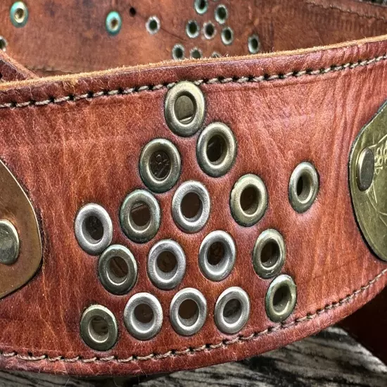 Vintage Handmade Leather Belt Hammered Metals Conchos Western Boho Size 34-36