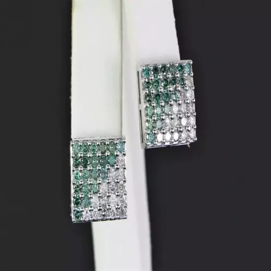 Men's 14K White Gold Plated Half Round Green Diamond Square Screw Stud Earrings~