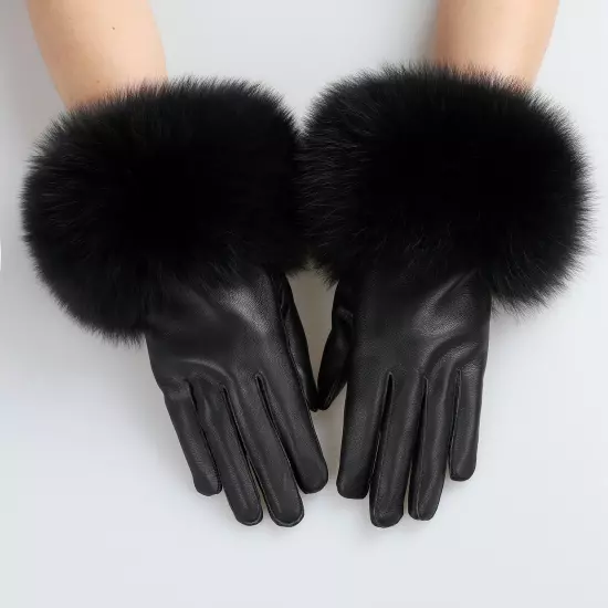 Women Genuine Lambskin Leather Gloves With Real Fox Fur Trim Cuff Winter Warm