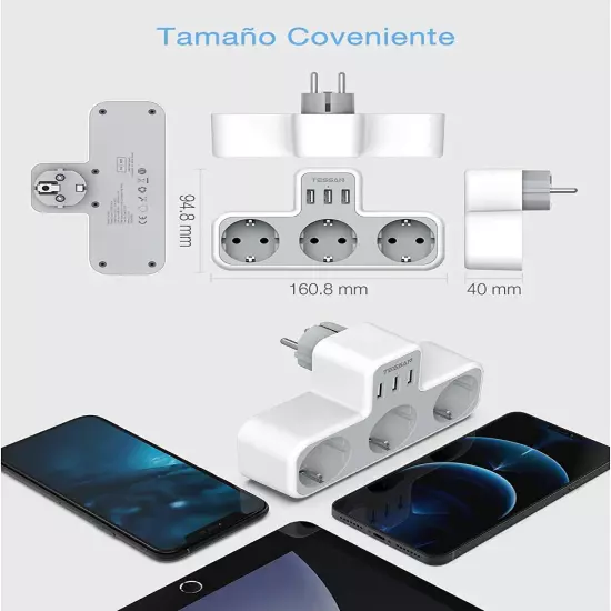 USB Plug Adapter, 6 in 1 Sockets Tee with 3 Sockets, 2 USB-A & 1 Type C Port