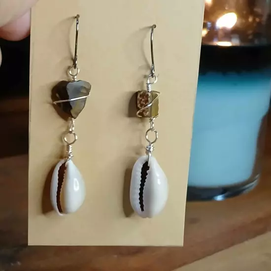 Raw Tigers Eye Crystal & Cowrie Shell Beaded Dangle Earrings, Gemstone